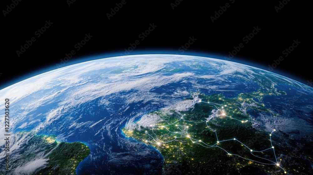 Fototapeta premium Global Network Night Earth, showing interconnectedness. Use illustration for global connectivity