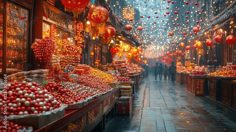 Fototapeta premium A street filled with stalls selling Chinese New Year gifts