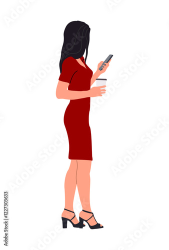 Business woman character. Young attractive girl wearing office red dress standing, using phone, holding takeaway coffee cup, side view. Vector illustration isolated on white background.