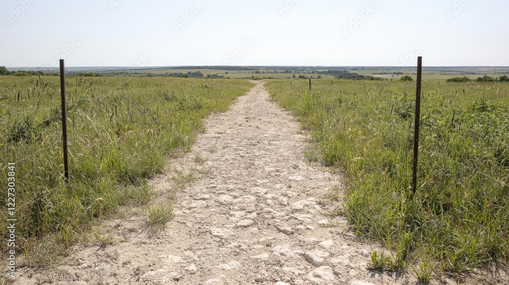 Prairie Path Gravel road leads to horizon, tall grass, summer day, scenic nature background, travel photography Prairie Path Gravel road leads to horizon, tall grass, summer day, scenic nature background, travel photography