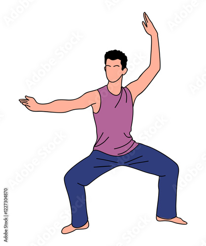 Martial art training male cartoon Vector character. Young Man doing asian martial art exercises isolated on white background. Karate, judo, tai chi, taekwondo sport outline illustrations.