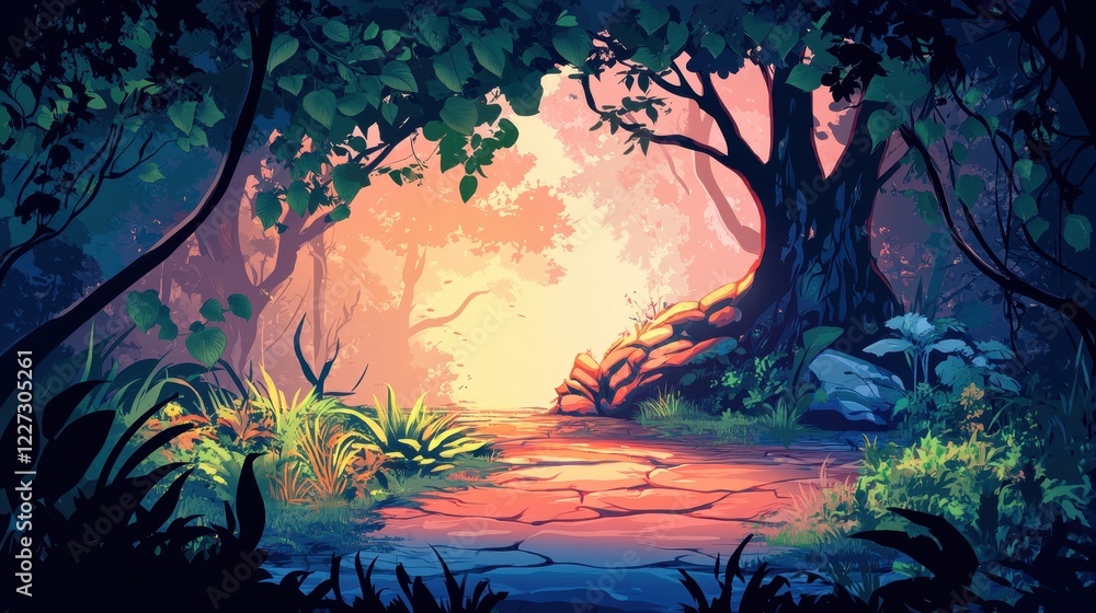 Serene Sunset Path Through a Lush Forest Serene Sunset Path Through a Lush Forest