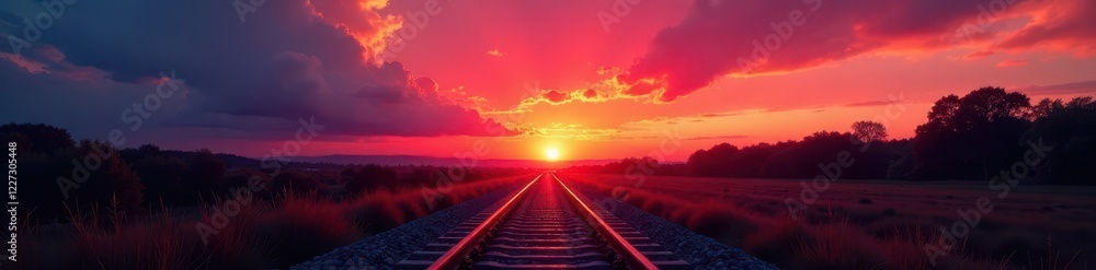 Fototapeta premium Crimson sunset paints low-hanging clouds, railroad tracks in the foreground , railroad tracks, texture