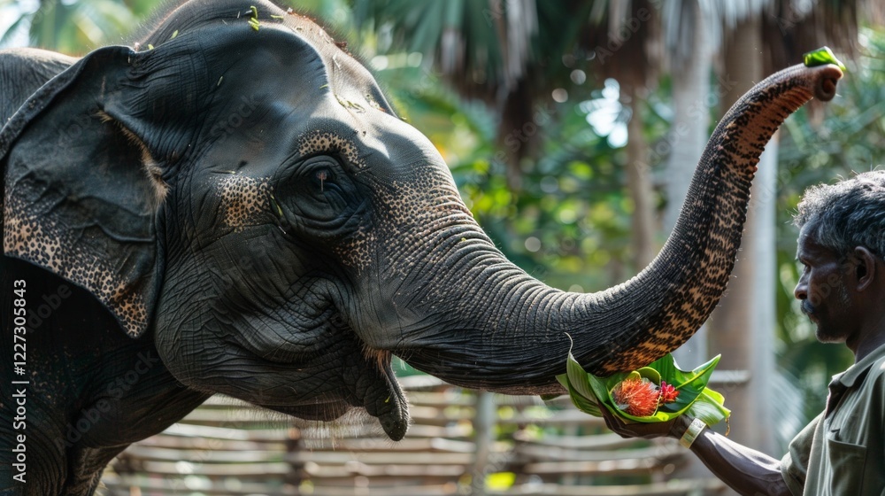 Obraz premium Elephant gets a treat from a human, a scene of friendship and care. Suitable for materials about animal protection, ecotourism and zoos.
