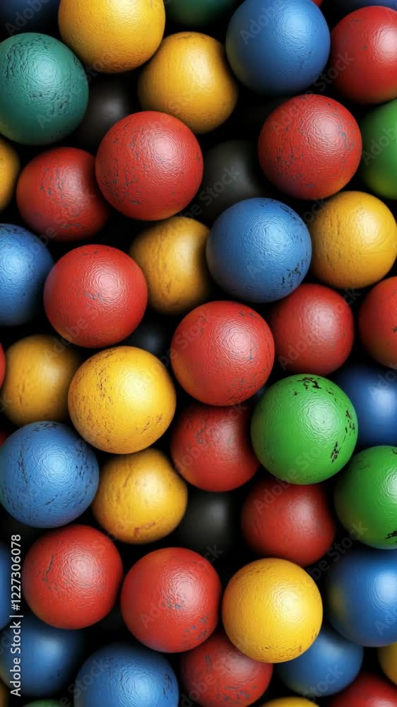 Colorful collection of textured balls stacked together in a playful arrangement on a dark background Colorful collection of textured balls stacked together in a playful arrangement on a dark background