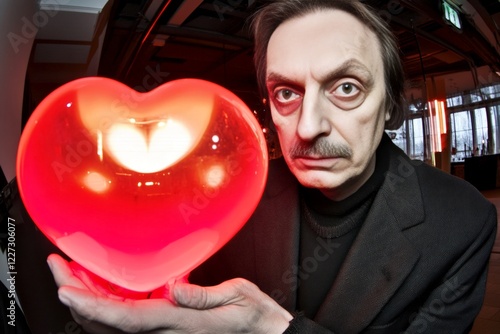 Sign of love and affection. Commercial promotion concept art. Adult valentine's day greeting card: adult man with begging eyes face holds red heart in hands. Red heart holiday campaigns. photo