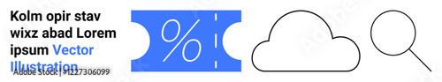 Blue discount ticket with percentage sign, cloud, and magnifying glass. Ideal for marketing, e-commerce, data storage, tech tools, digital search, web services abstract line flat metaphor