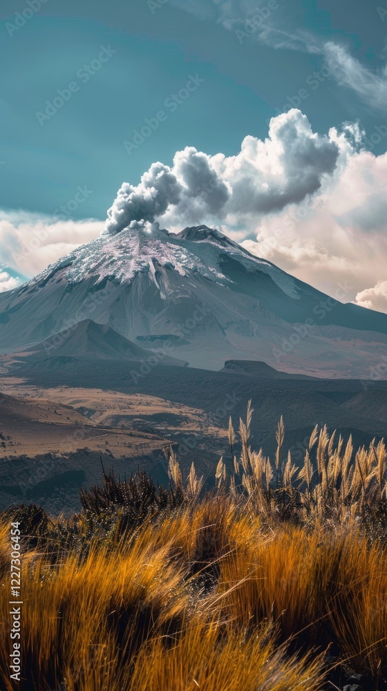 Fototapeta premium Image of a volcano with smoke rising from the top, on the background of a mountain landscape. Suitable for articles about nature, geology and travelling.