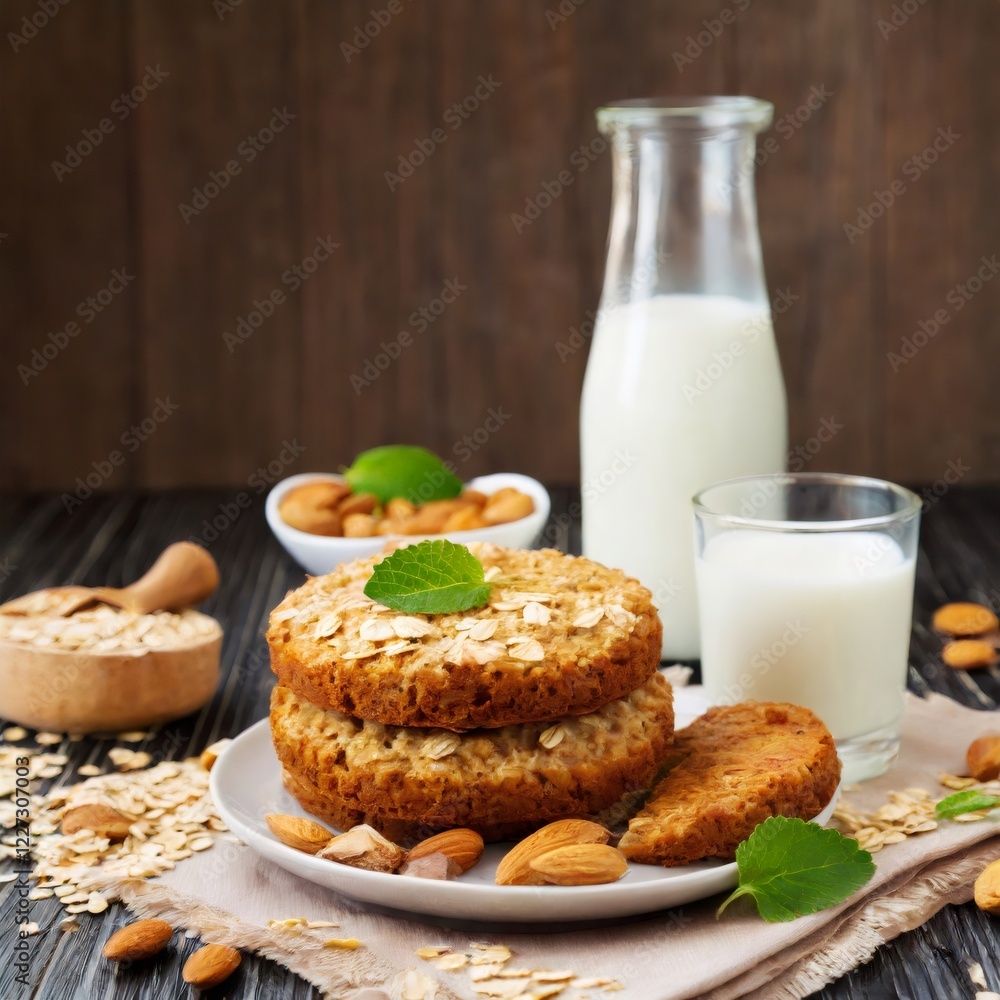 Oatmeal cookies with almonds and milk on rustic wooden table Oatmeal cookies with almonds and milk on rustic wooden table