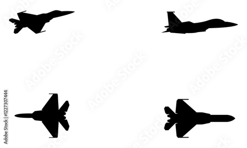 Fighter jet silhouette set in black and white