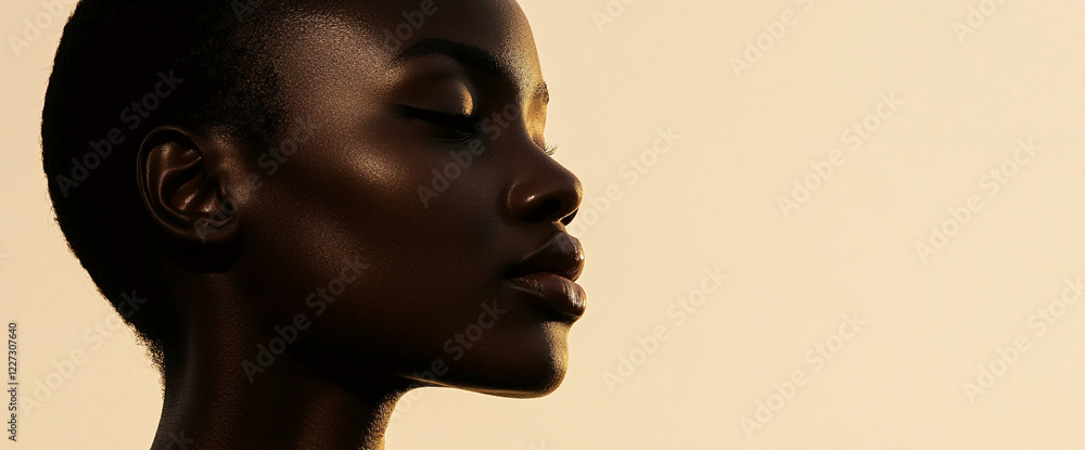 Minimalist portrait of a woman with smooth dark skin, eyes closed, illuminated by warm sunlight, symbolizing tranquility, elegance, beauty, self-care, and natural aesthetics. Minimalist portrait of a woman with smooth dark skin, eyes closed, illuminated by warm sunlight, symbolizing tranquility, elegance, beauty, self-care, and natural aesthetics.