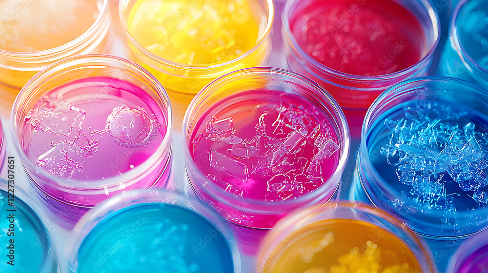 Vibrant petri dishes filled with colorful liquids and crystalline structures create captivating scientific display Vibrant petri dishes filled with colorful liquids and crystalline structures create captivating scientific display