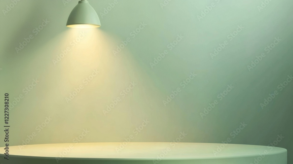 Obraz premium Softly lit minimalistic room interior with green wall and hanging lamp