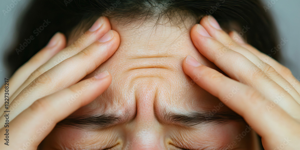 Fototapeta premium Close-up of Person's Forehead with Hands