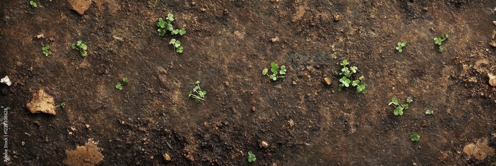 Young green seedlings emerging from earthy brown soil texture landscape Young green seedlings emerging from earthy brown soil texture landscape