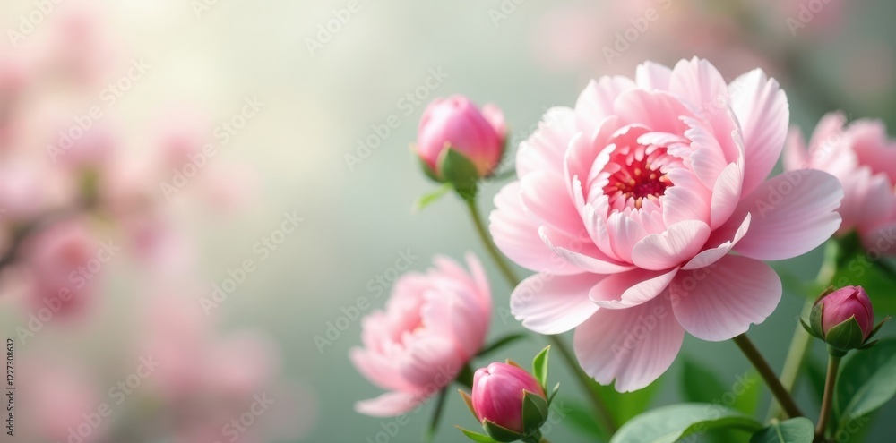 Obraz premium Soft pastel pink and white peonies blooming against a serene spring background, , soft