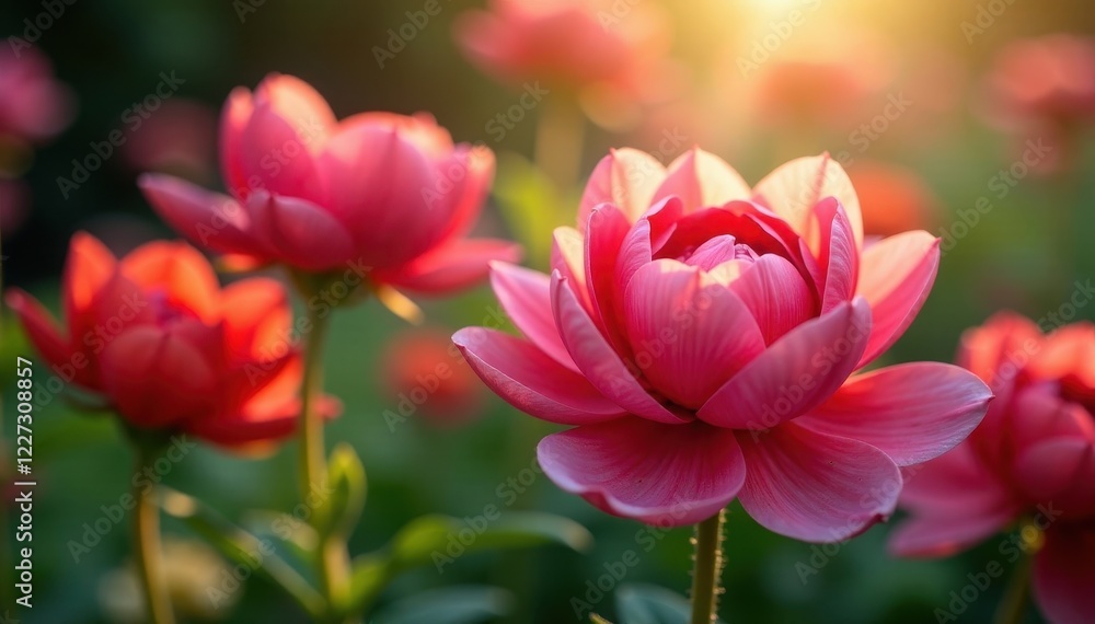 Soft petals unfolding as morning light ascends, pinkish hue, red flowers, garden Soft petals unfolding as morning light ascends, pinkish hue, red flowers, garden