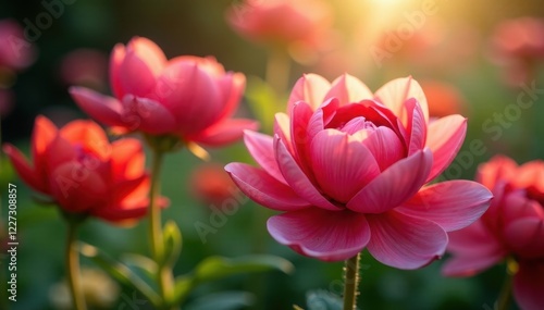Soft petals unfolding as morning light ascends, pinkish hue, red flowers, garden