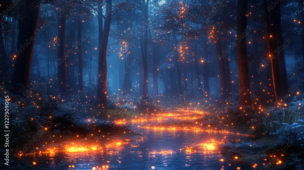 Enchanting Forest Scene with Glowing Fireflies and Sparkling River at Night Enchanting Forest Scene with Glowing Fireflies and Sparkling River at Night