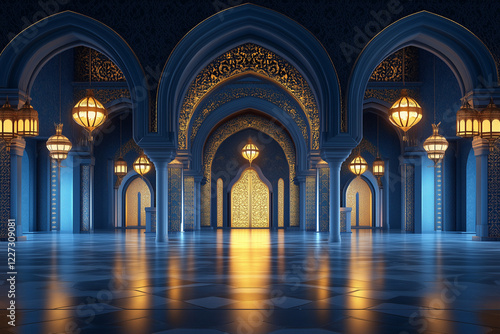 Elegant 3D-rendered Islamic palace interior with grand arches, intricate golden detailing, and glowing lanterns, creating a luxurious and serene ambiance photo