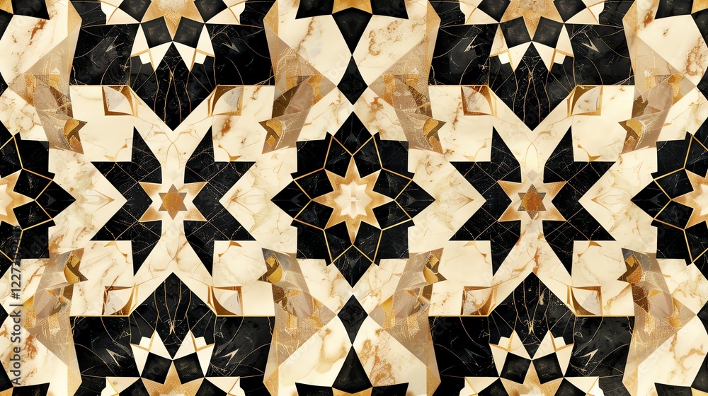 Fototapeta premium A geometric pattern featuring black stars with gold accents, set against a background of white and gold marble.