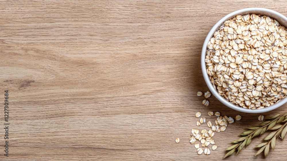 Rolled oats in bowl on wood table, healthy breakfast concept Rolled oats in bowl on wood table, healthy breakfast concept