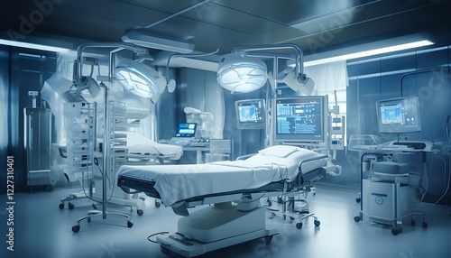 A high-tech operating room equipped with advanced medical devices, bright surgical lights, and monitoring screens for precision healthcare.