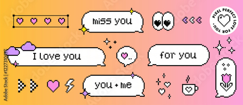 Speech bubble love messages in pixel art. I love you. Miss you. Love phrases. Pixel art stickers, emoji. 8-bit game arcade speech bubble. Y2k dialogue balloon vector icons set. Game abstract elements