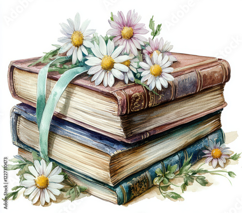 stack of vintage books adorned with daisies and ribbon, creating charming and nostalgic scene. delicate flowers add touch of nature to classic literature