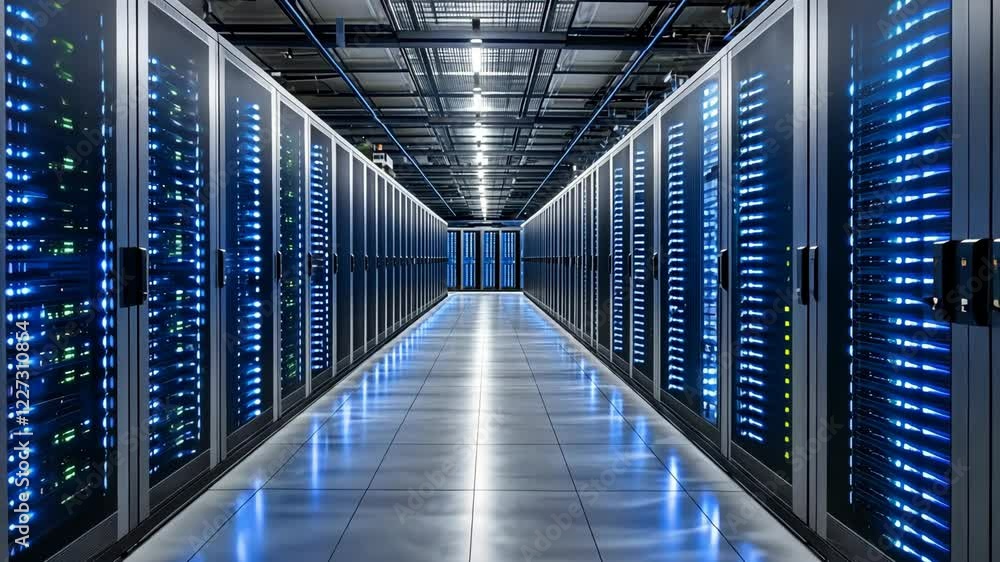 Data center corridor filled with illuminated server racks showcasing advanced technology at night Data center corridor filled with illuminated server racks showcasing advanced technology at night
