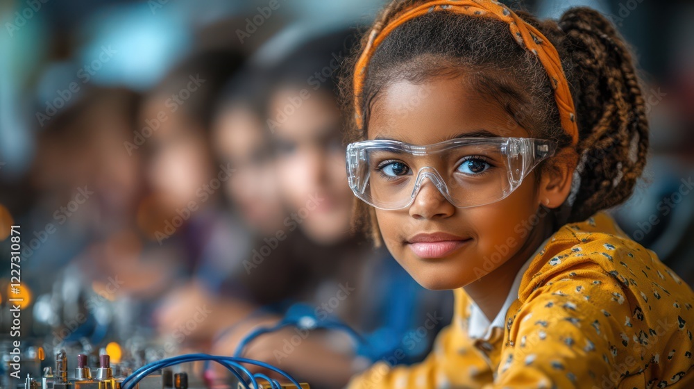 Young female STEM Prodigy: A closeup portrait of a curious and focused young girl wearing safety glasses during a STEM class, radiating intelligence and determination. Young female STEM Prodigy: A closeup portrait of a curious and focused young girl wearing safety glasses during a STEM class, radiating intelligence and determination.