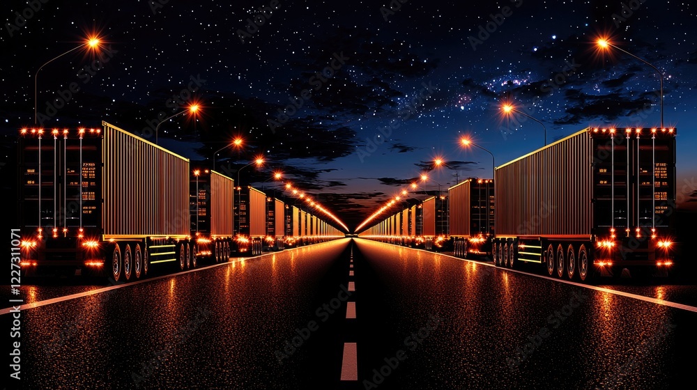 Obraz premium Night highway, trucking convoy, starry sky, logistics