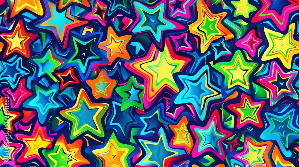 A psychedelic and vibrant pattern of colorful stars, creating a fun and energetic visual. A psychedelic and vibrant pattern of colorful stars, creating a fun and energetic visual.