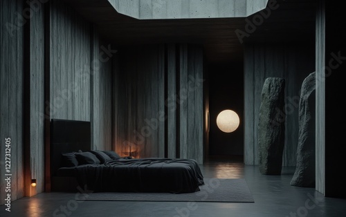 Industrial lair bedroom with dark gray concrete walls. The room features a modern bed with a black leather headboard, surrounded by eerie, large sculptures and dimly lit spotlights.  photo