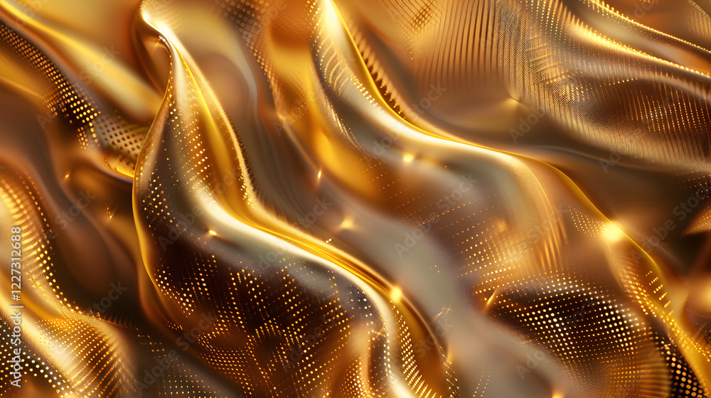 Naklejka premium A shimmering, golden fabric texture with flowing waves and light reflections.