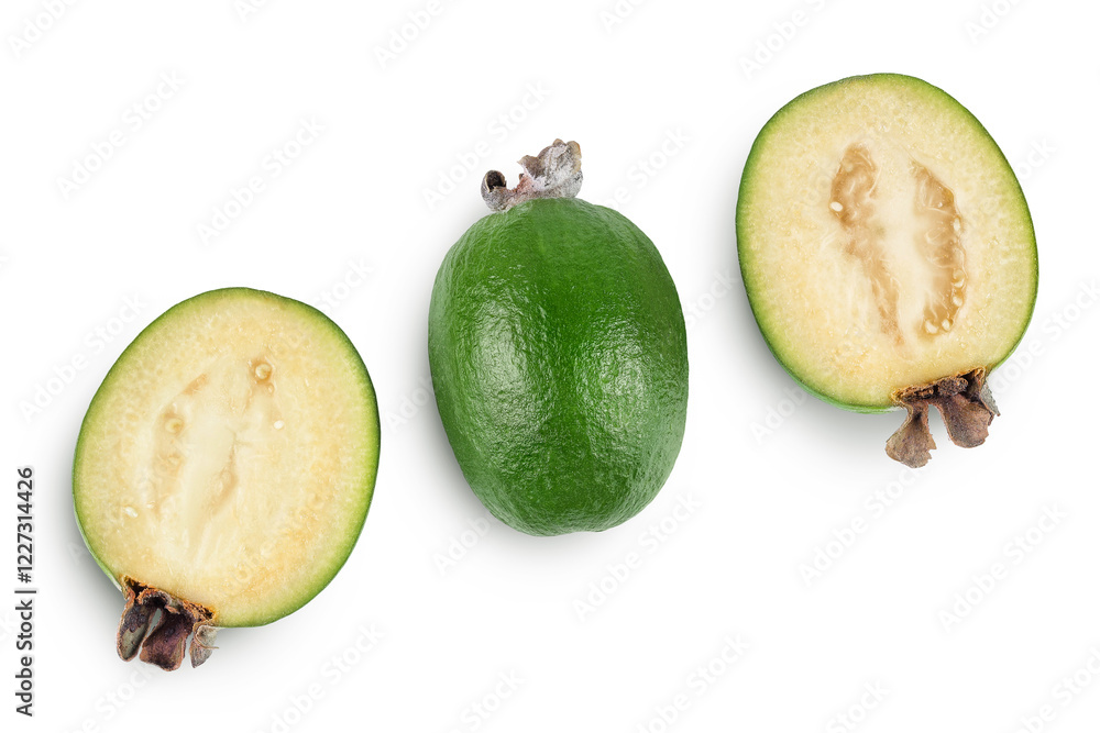 Feijoa fruit isolated on white background. Top view. Flat lay Feijoa fruit isolated on white background. Top view. Flat lay