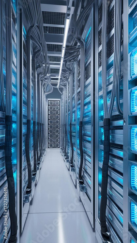 A data center with rows of glowing servers, cables, and cooling systems, illuminated by soft blue light, ultra-realistic