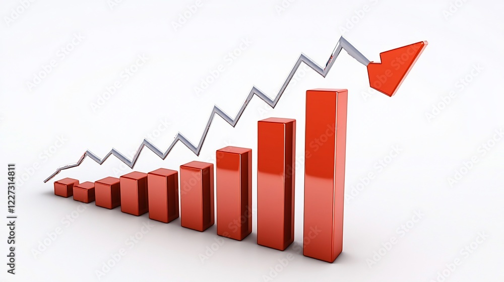 Red bars show a growth trend with an upward arrow on a white background Red bars show a growth trend with an upward arrow on a white background