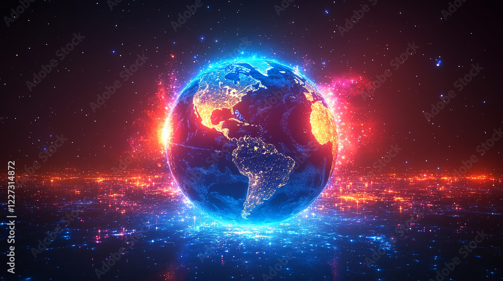 Obraz premium Vibrant Digital Illustration of the Earth with Glowing Energy Effects technology, sustainability