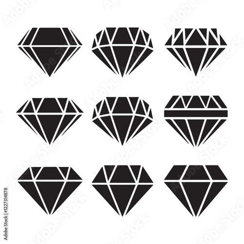 Diamond icon set. Different shapes of diamond cuts. Dimond icon set in flat style. Abstract black diamond collection icons. Gemstone icon set. Diamonds logo design. Vector illustration.