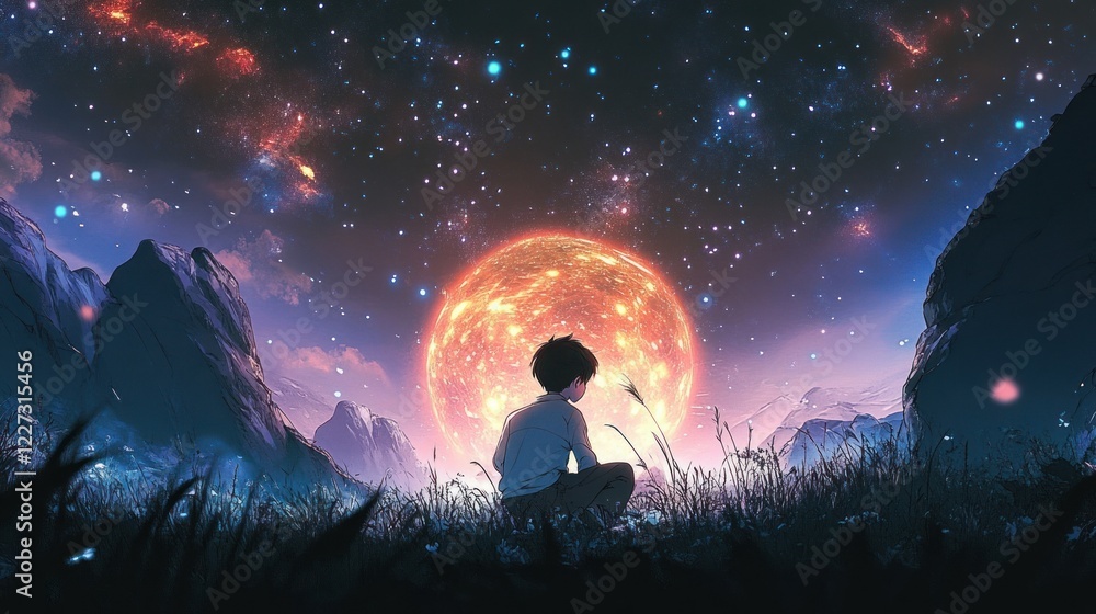Young Boy Kneeling by Glowing Orb in Mystical Landscape Under Starry Sky Young Boy Kneeling by Glowing Orb in Mystical Landscape Under Starry Sky