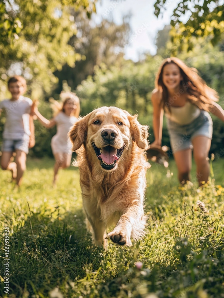Golden Retriever Running in Grass with Family Golden Retriever Running in Grass with Family