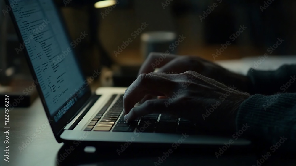 Hands typing on a laptop keyboard in a dimly lit room with code on screen Hands typing on a laptop keyboard in a dimly lit room with code on screen