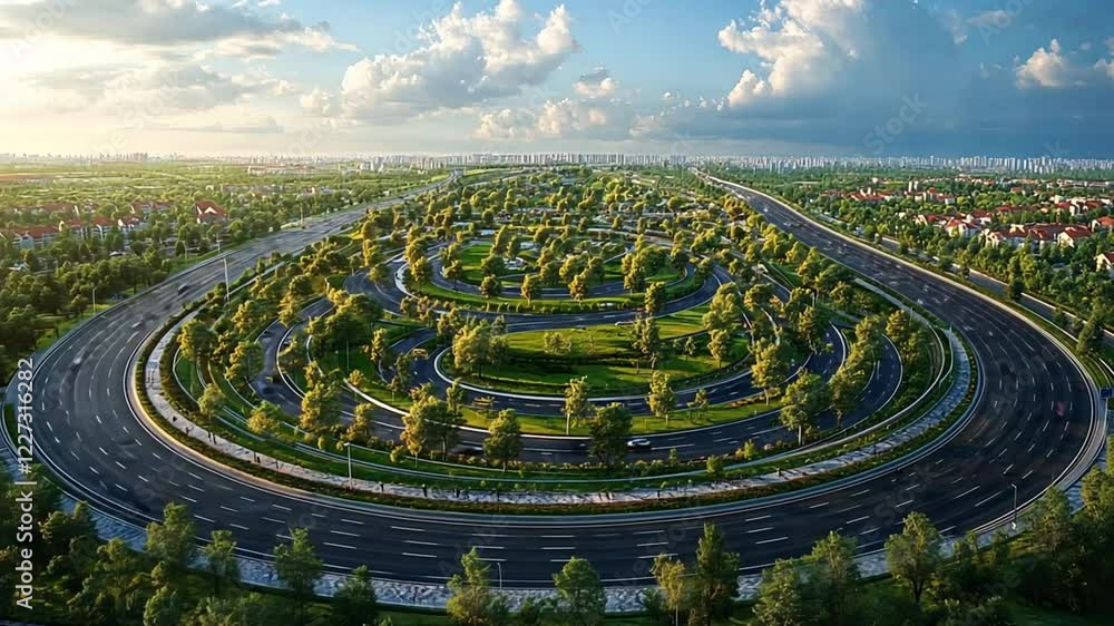 Aerial view of a circular park with trees and pathways, surrounded by a highway footage Aerial view of a circular park with trees and pathways, surrounded by a highway footage