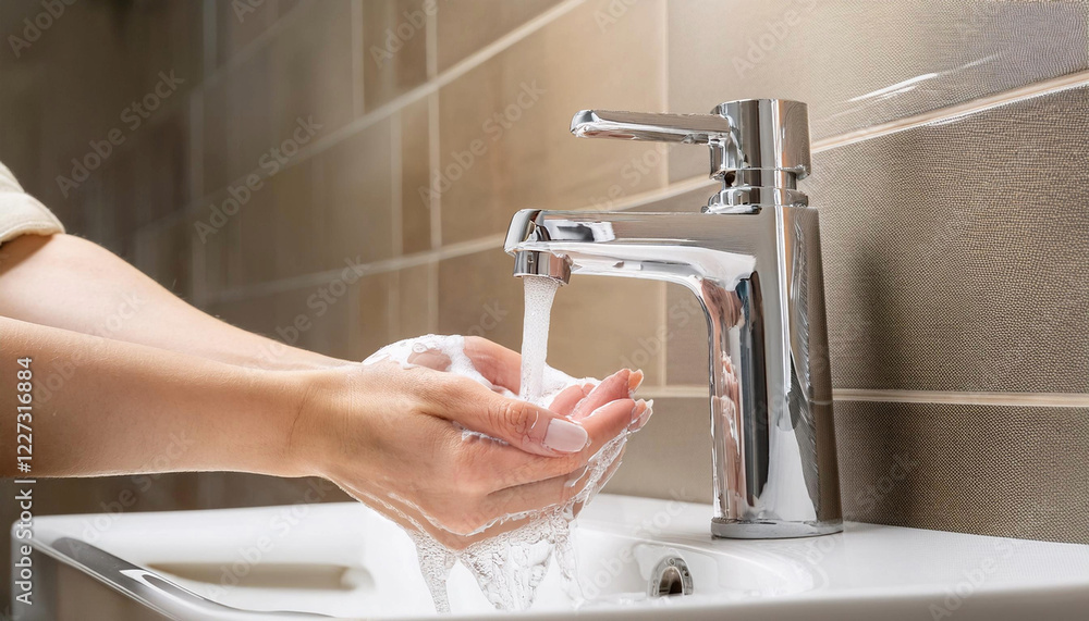 水道の蛇口から流れる水で手を洗う。手のクローズアップ 水道の蛇口から流れる水で手を洗う。手のクローズアップ