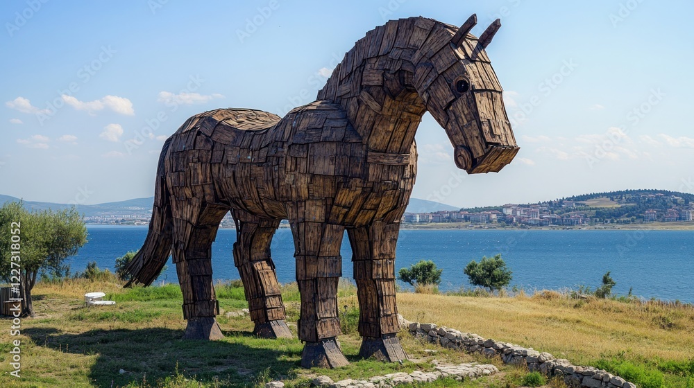 Fototapeta premium Wooden Trojan Horse Sculpture Overlooking Water
