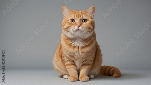 Adorable red cat with fluffy fur sitting on a table looking curious photo