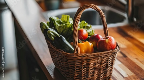A close-up of a rustic wooden basket overflowing with fresh vegetables and fruits, including apples, tomatoes, and leafy greens, on a wooden countertop.