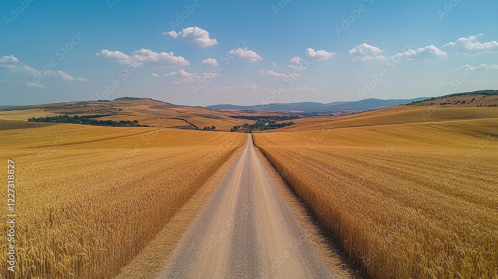 Fototapeta premium A scenic rural landscape featuring a dirt road winding through golden fields under a clear blue sky with soft clouds.