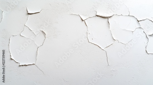 A white wall with peeling paint and texture showing signs of age and wear in a close-up view